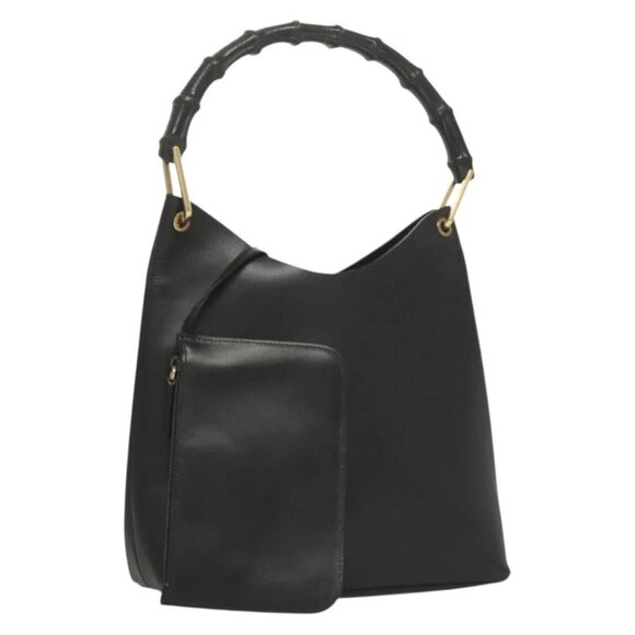 GUCCI Bamboo Shoulder Bag Leather Black Gold - Picture 1 of 16